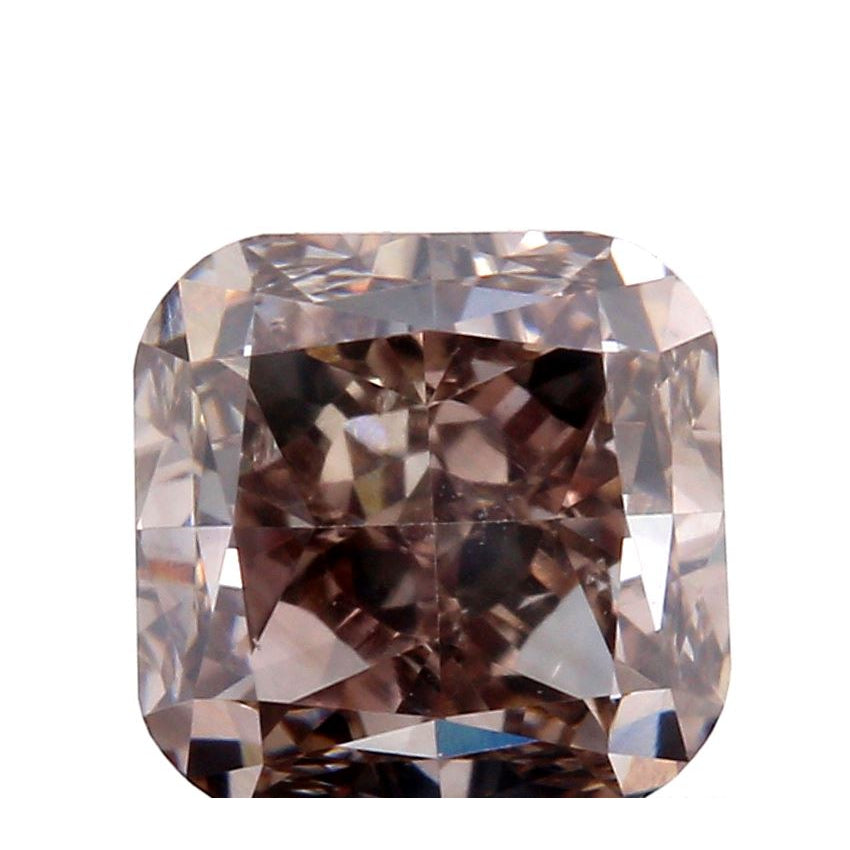 0.83ct cushion cut diamond with a fancy brownish pink color and brilliant facets isolated on white.