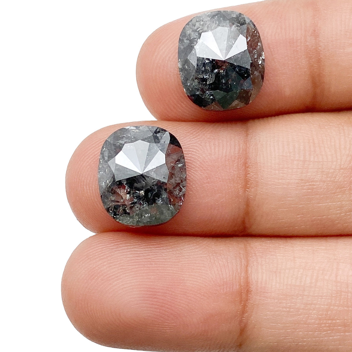 10.46cttw | Salt & Pepper Cushion Shape Rose Cut Diamond Matched Pair - Modern Rustic Diamond