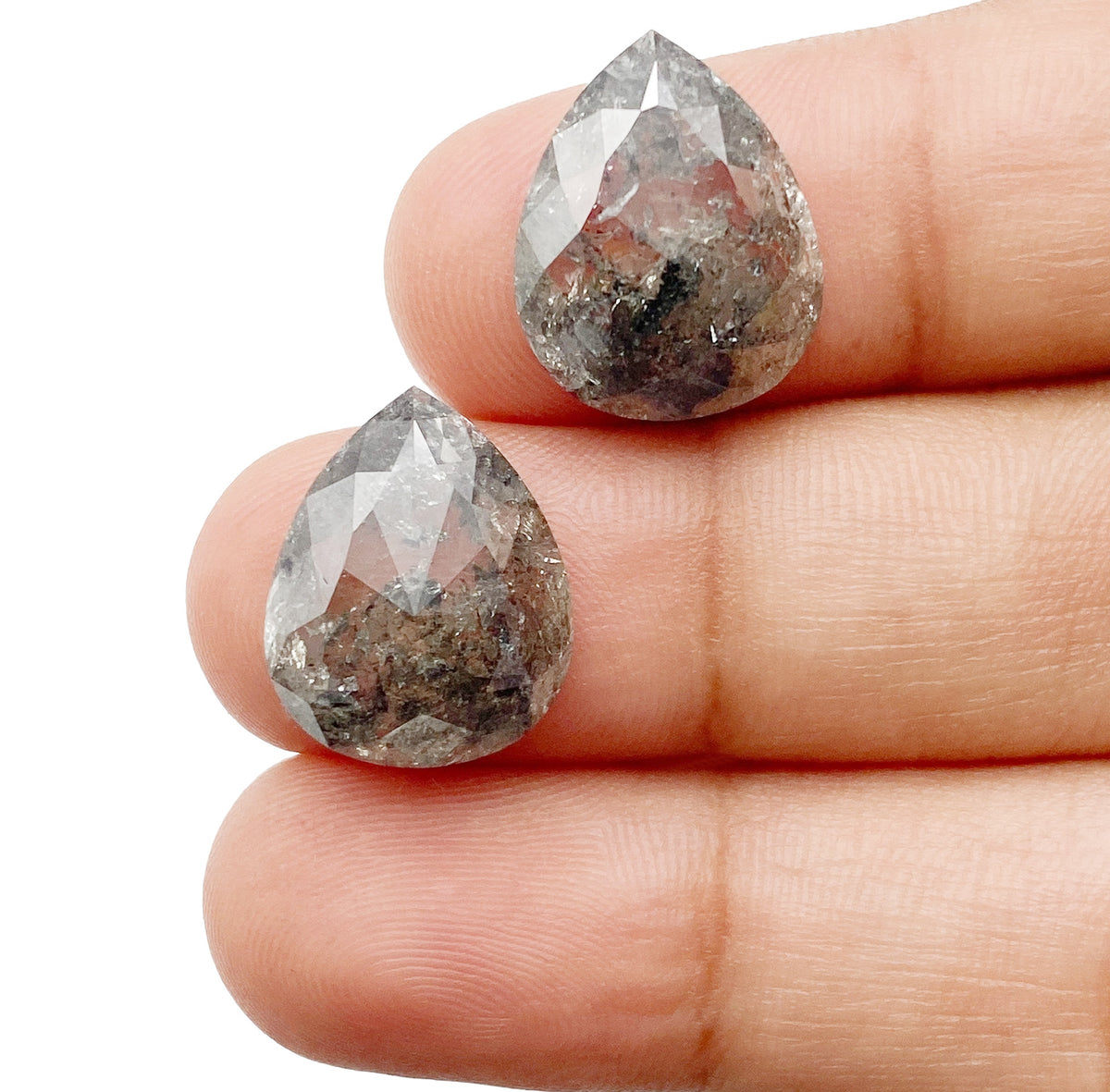 10.96cttw | Salt & Pepper Pear Shape Rose Cut Diamond Matched Pair - Modern Rustic Diamond