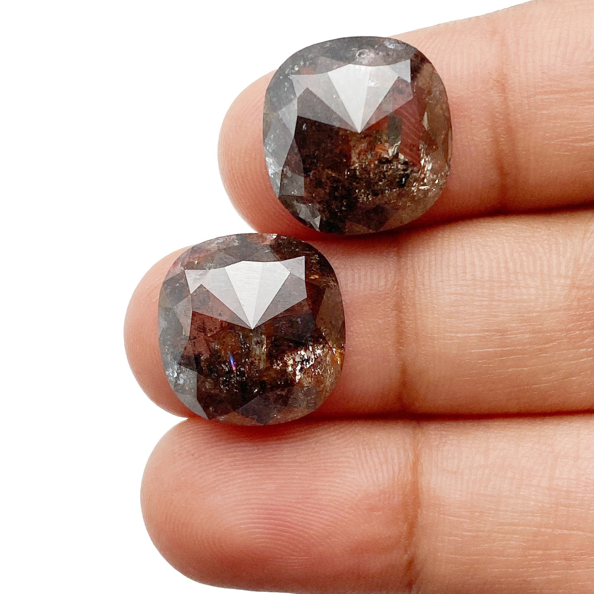 16.34cttw | Salt & Pepper Cushion Shape Rose Cut Diamond Matched Pair - Modern Rustic Diamond