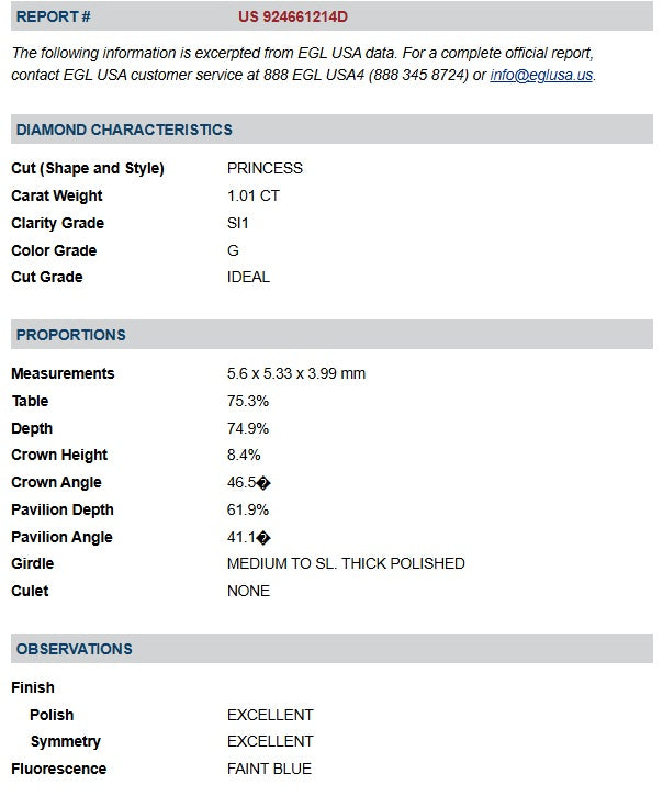 1.01ct | G/SI1 Princess Shape Brilliant Cut Diamond (EGL USA) - Modern Rustic Diamond