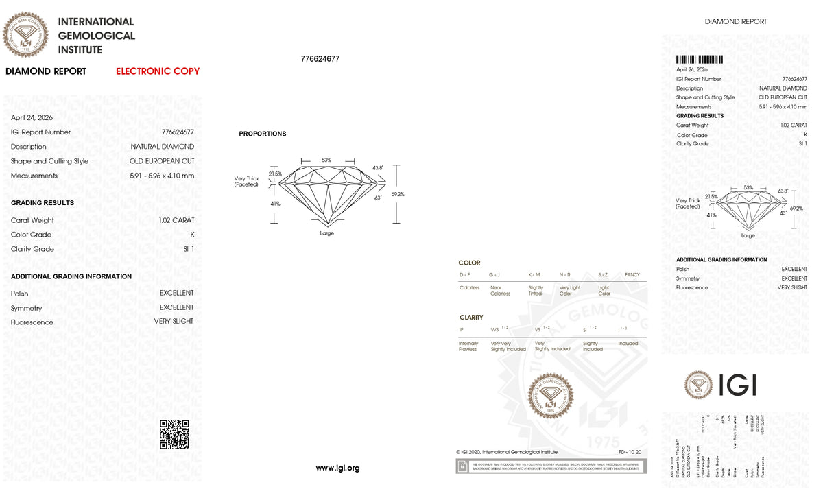 1.02ct | K/SI1 Round Shape Vintage Old European Cut Diamond (IGI) - Modern Rustic Diamond