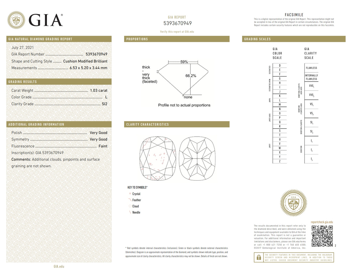 1.03ct | L/SI2 Cushion Shape Brilliant Cut Diamond (GIA) - Modern Rustic Diamond