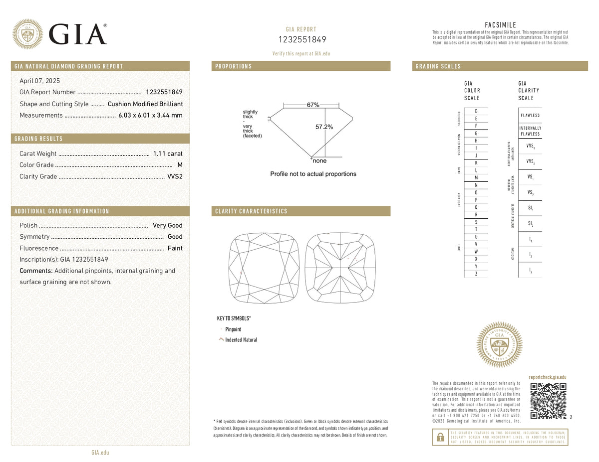 GIA diamond grading report for a 1.11ct cushion brilliant cut natural diamond with M color and VVS2 clarity.