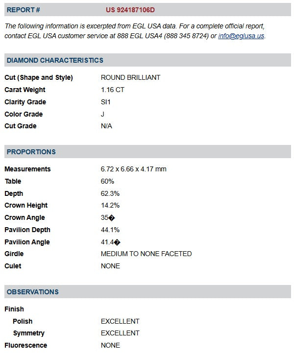 1.16ct | J/SI1 Round Shape Brilliant Cut Diamond (EGL USA) - Modern Rustic Diamond