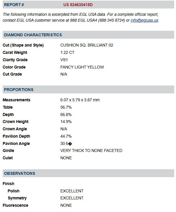 1.22ct | Yellow VS1 Cushion Shape Brilliant Cut Diamond (EGL USA) - Modern Rustic Diamond