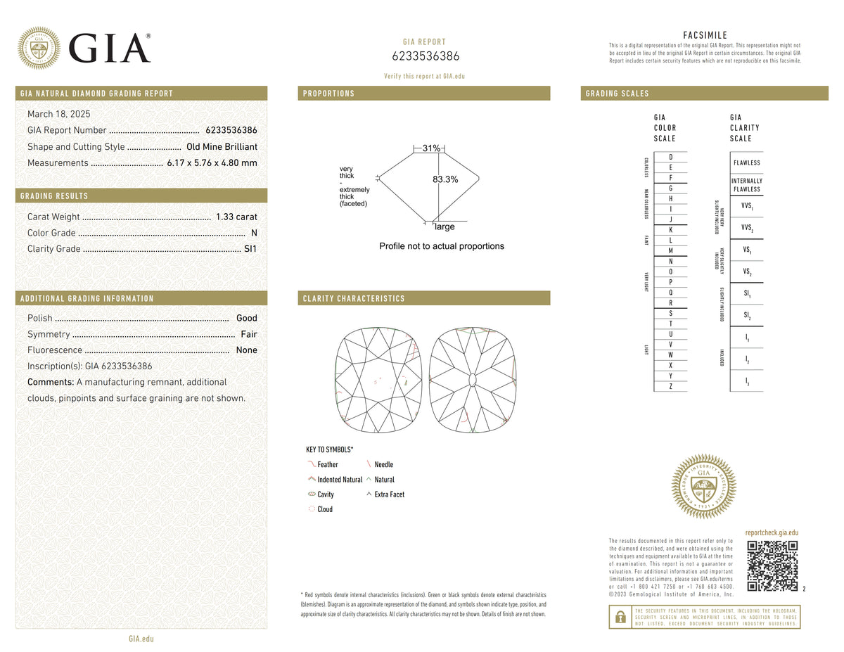 1.33ct | N/SI1 Cushion Shape Old Mine Cut Diamond (GIA) - Modern Rustic Diamond