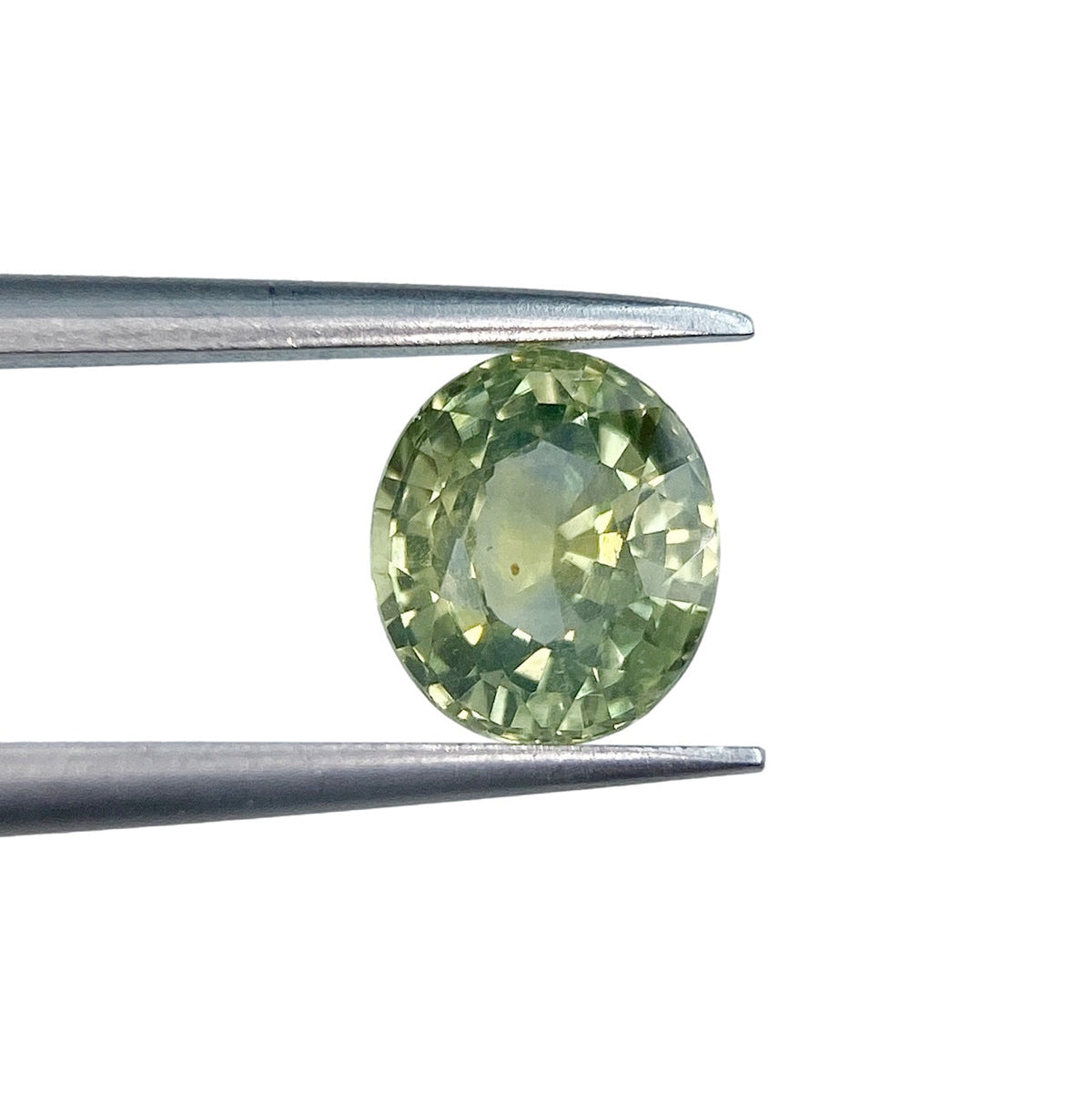 1.41ct oval brilliant cut green Montana sapphire held in metal tweezers against a white background.