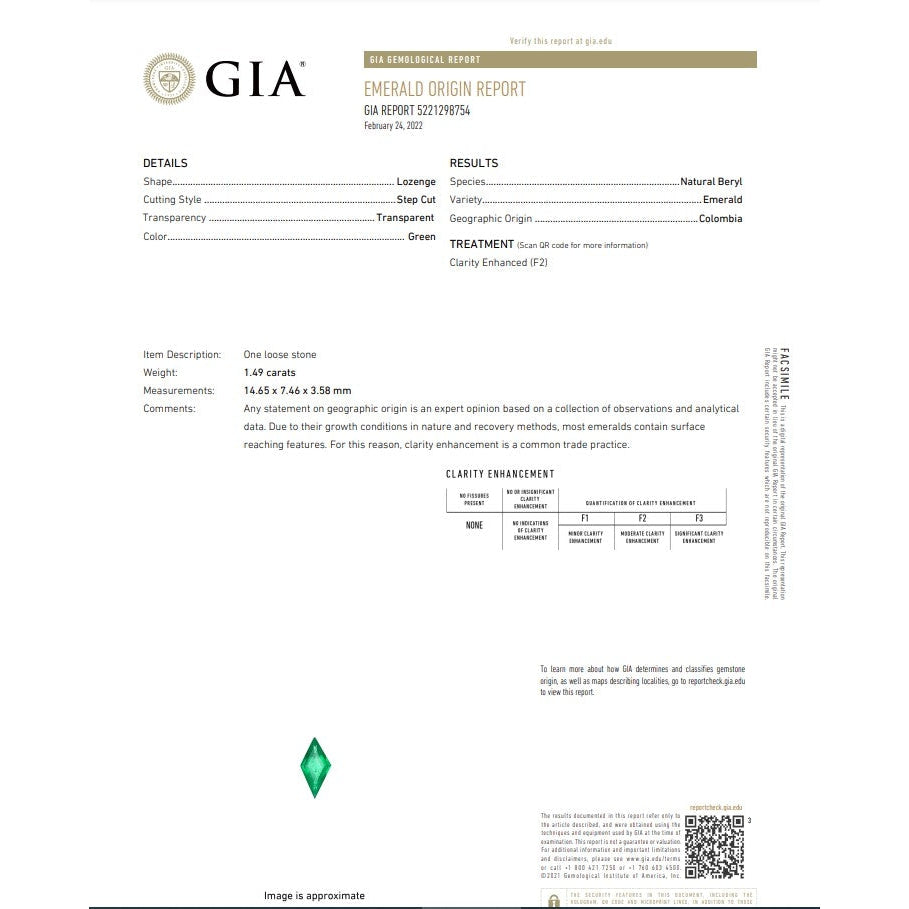 GIA report for a 1.49ct lozenge-cut Muzo emerald with F2 clarity enhancement.