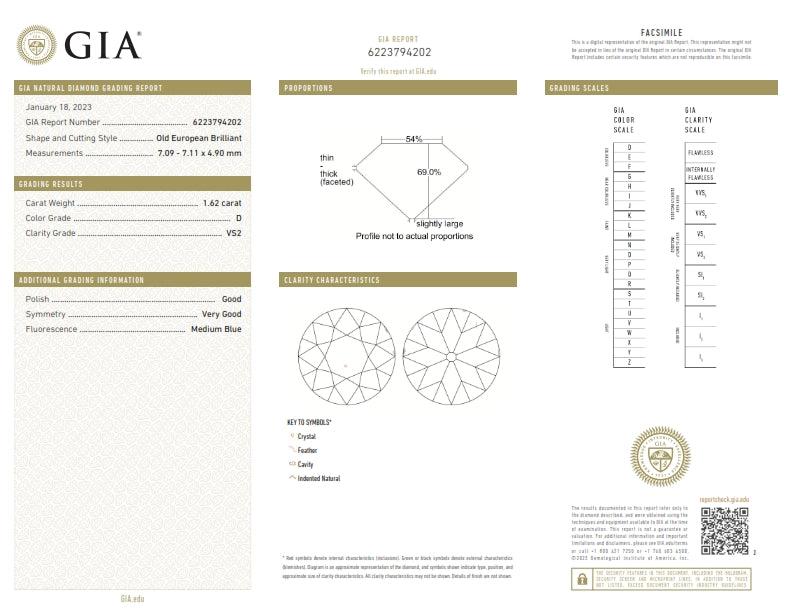 1.62ct | D/VS2 Round Shape Old European Cut Diamond (GIA) - Modern Rustic Diamond