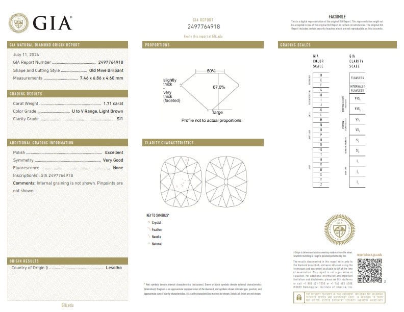 1.71ct | U-V/SI1 Cushion Shape Old Mine Cut Diamond (GIA) - Modern Rustic Diamond
