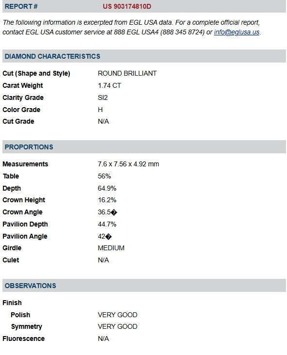 1.74ct | H/SI2 Round Shape Brilliant Cut Diamond (EGL USA) - Modern Rustic Diamond