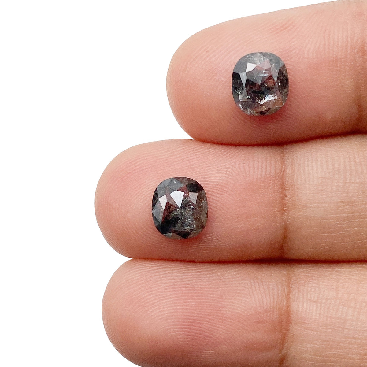 1.78cttw | Salt & Pepper Cushion Shape Rose Cut Diamond Matched Pair - Modern Rustic Diamond