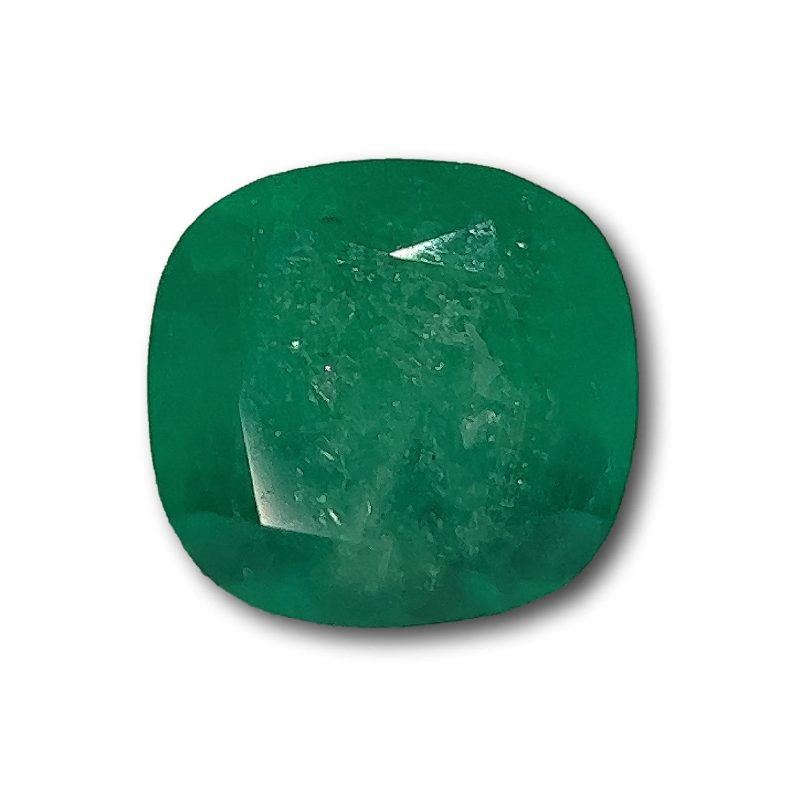 2.08ct cushion-cut Muzo emerald with a brilliant facet pattern and deep green color on a white background.