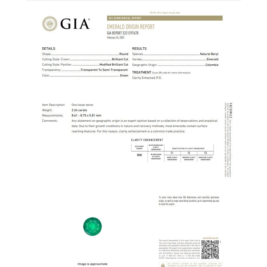 GIA emerald origin report for a 2.24ct round brilliant cut Muzo emerald with F3 clarity enhancement.