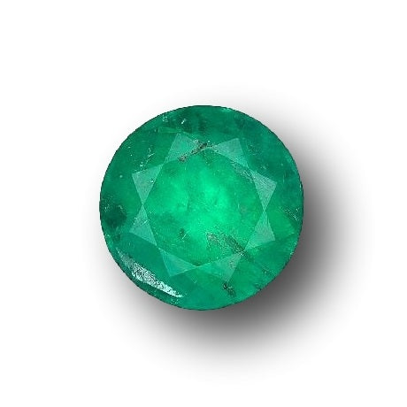 2.24ct round brilliant cut Muzo emerald with a vibrant green hue and faceted surface.