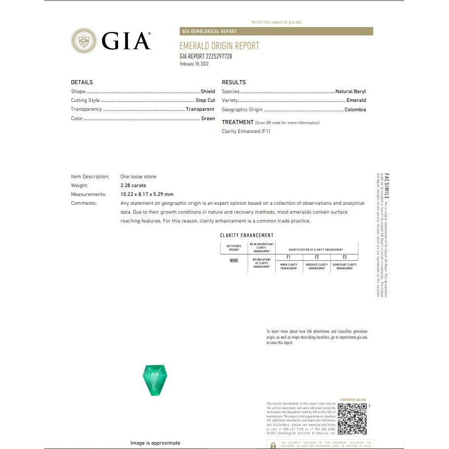 GIA report for a 2.28ct Muzo Colombian emerald with a shield step cut and F1 clarity enhancement.