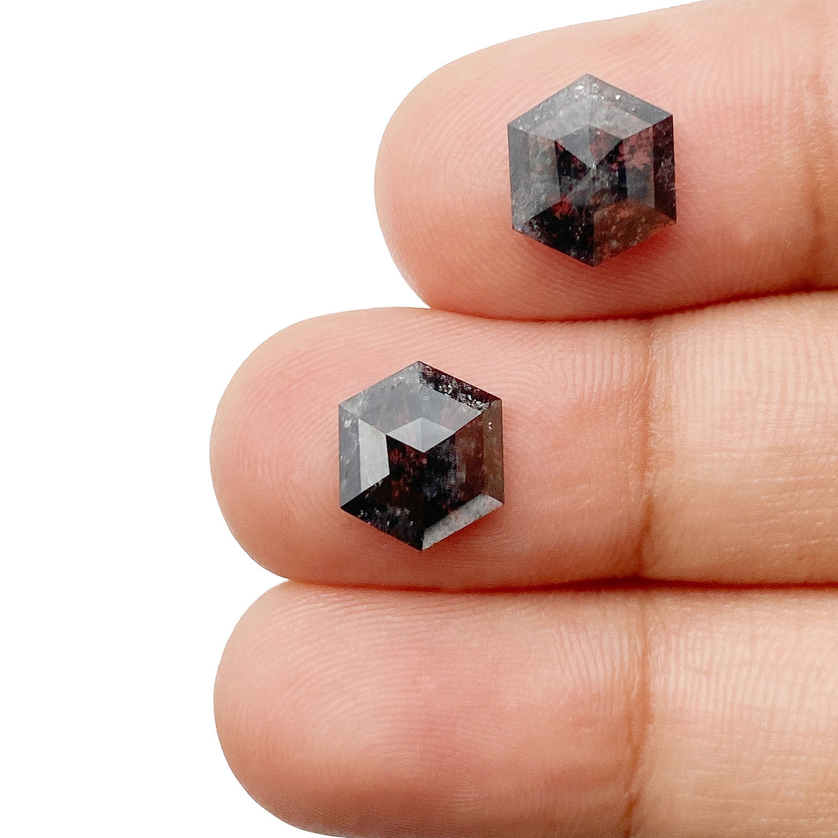 2.72cttw | Salt & Pepper Hexagon Shape Rose Cut Diamond Matched Pair - Modern Rustic Diamond