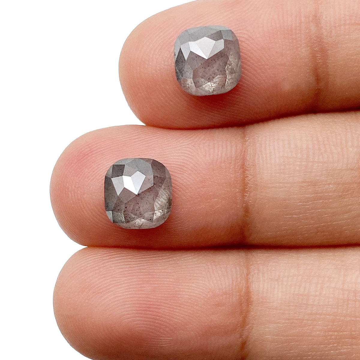 3.44cttw | Salt & Pepper Cushion Shape Rose Cut Diamond Matched Pair - Modern Rustic Diamond