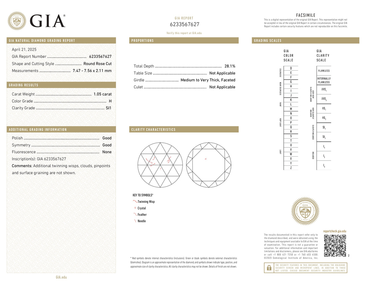 1.05ct | H/SI1 Round Shape Rose Cut Diamond (GIA) - Modern Rustic Diamond