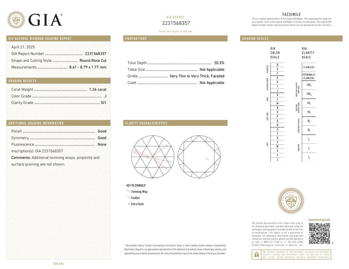 1.36ct | J/SI1 Round Shape Rose Cut Diamond (GIA) - Modern Rustic Diamond