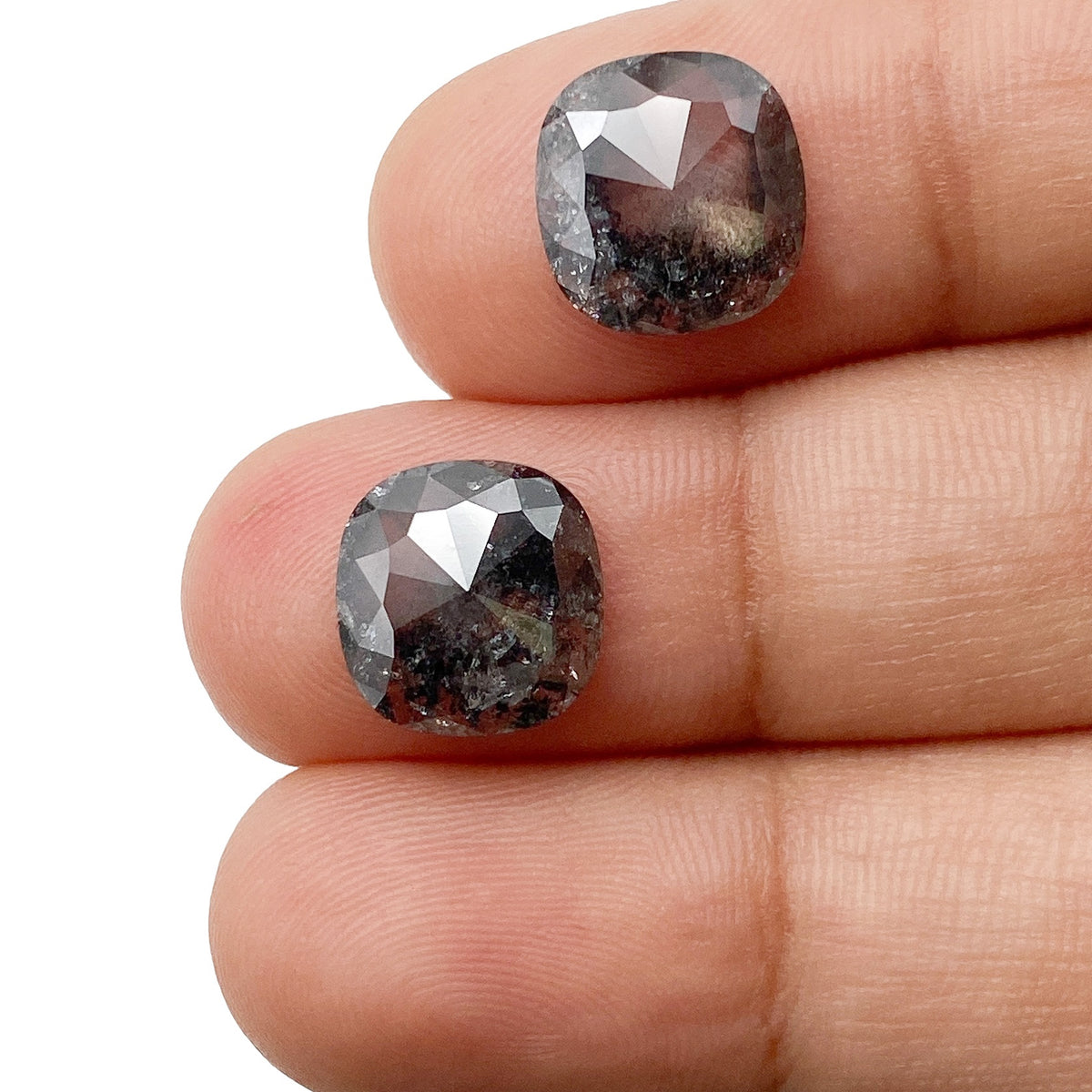 5.52cttw | Salt & Pepper Cushion Shape Rose Cut Diamond Matched Pair - Modern Rustic Diamond