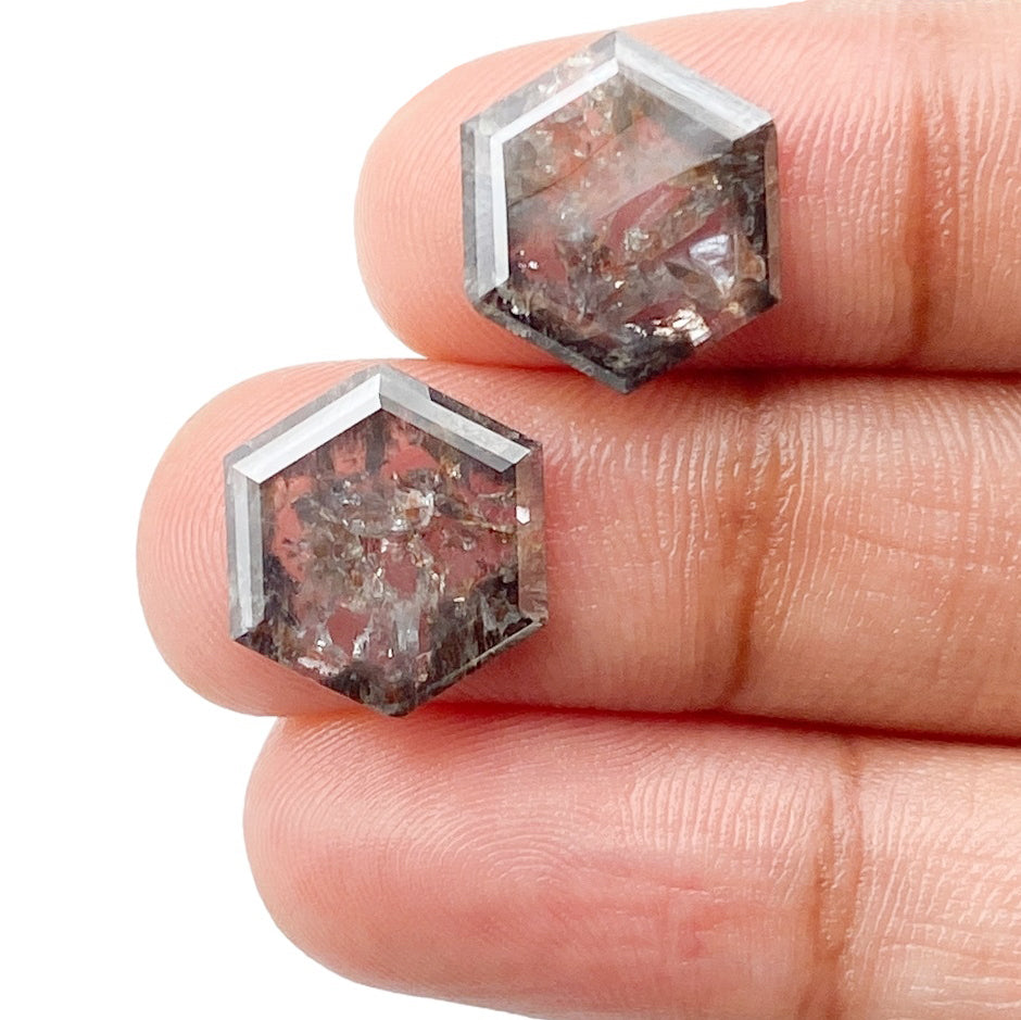 6.06cttw | Salt & Pepper Hexagon Shape Rose Cut Diamond Matched Pair - Modern Rustic Diamond