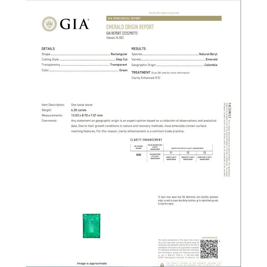 GIA report for a 6.20ct Muzo emerald with a rectangular step-cut baguette shape.