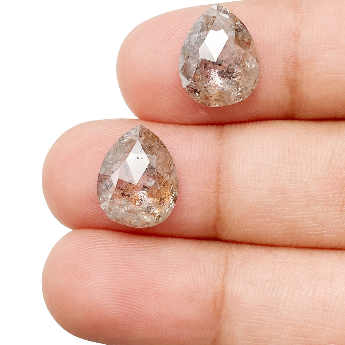 7.02cttw | Salt & Pepper Pear Shape Rose Cut Diamond Matched Pair - Modern Rustic Diamond