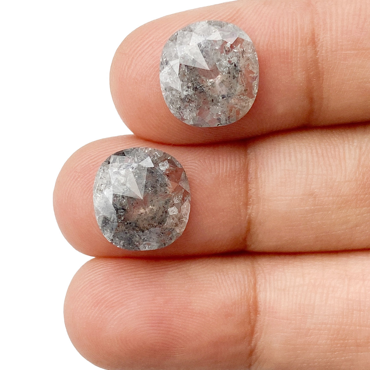 7.03cttw | Salt & Pepper Cushion Shape Rose Cut Diamond Matched Pair - Modern Rustic Diamond