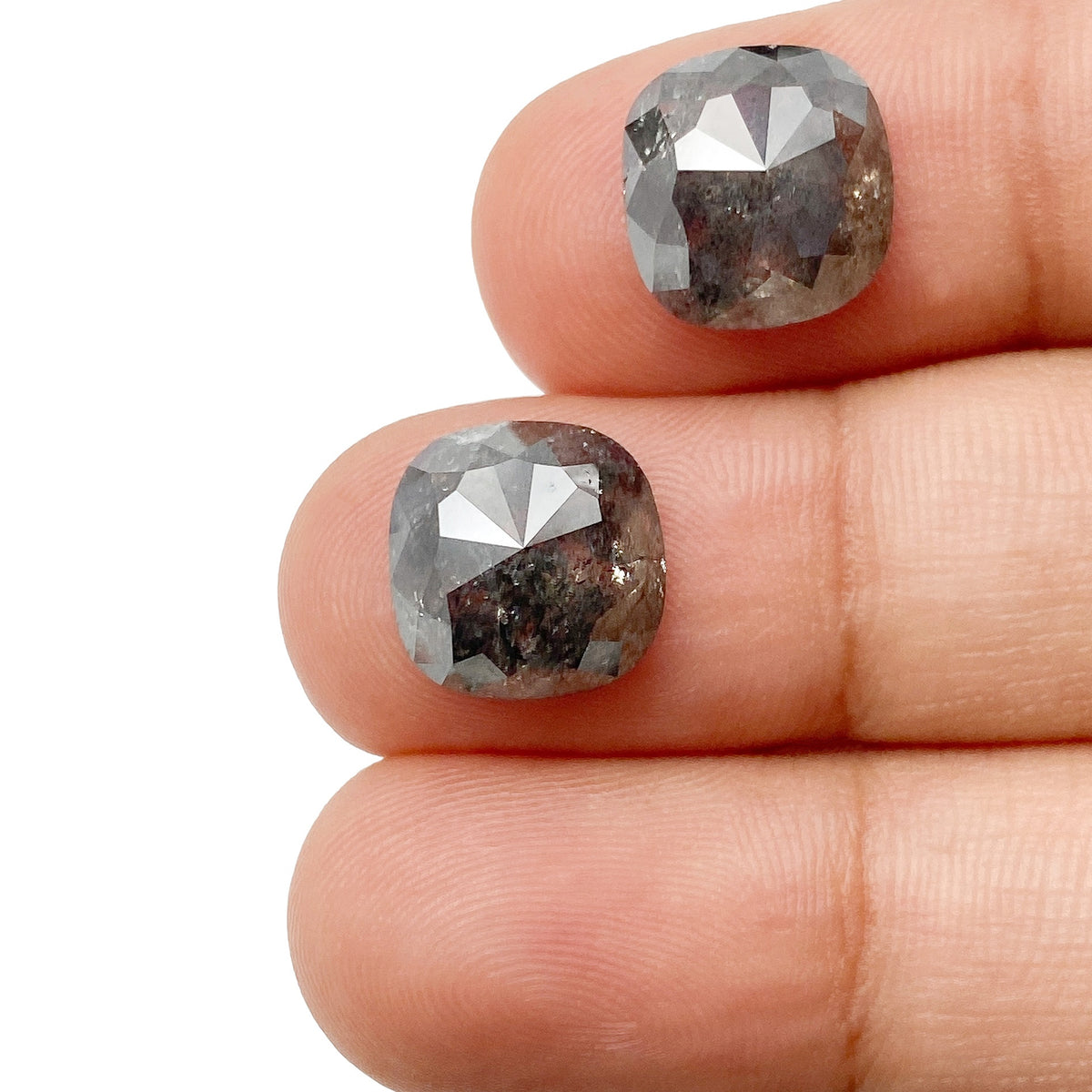 7.21cttw | Salt & Pepper Cushion Shape Rose Cut Diamond Matched Pair - Modern Rustic Diamond