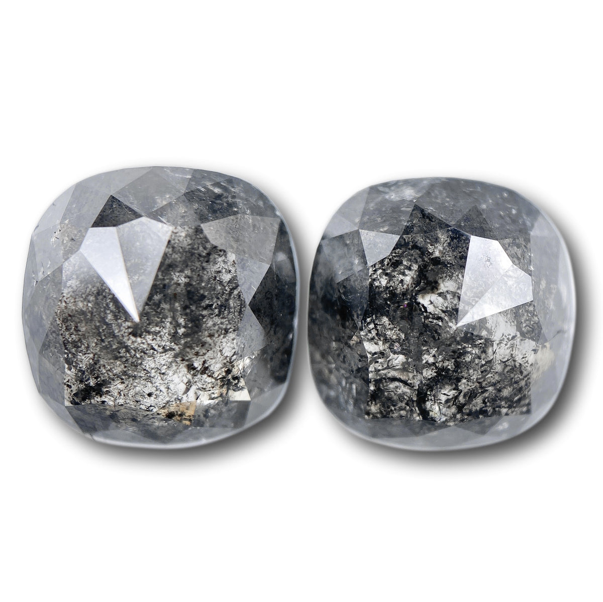 7.21cttw | Salt & Pepper Cushion Shape Rose Cut Diamond Matched Pair - Modern Rustic Diamond