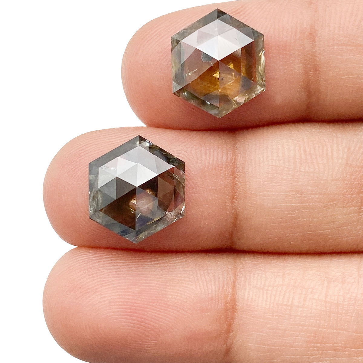 7.24cttw | Salt & Pepper Hexagon Shape Rose Cut Diamond Matched Pair - Modern Rustic Diamond
