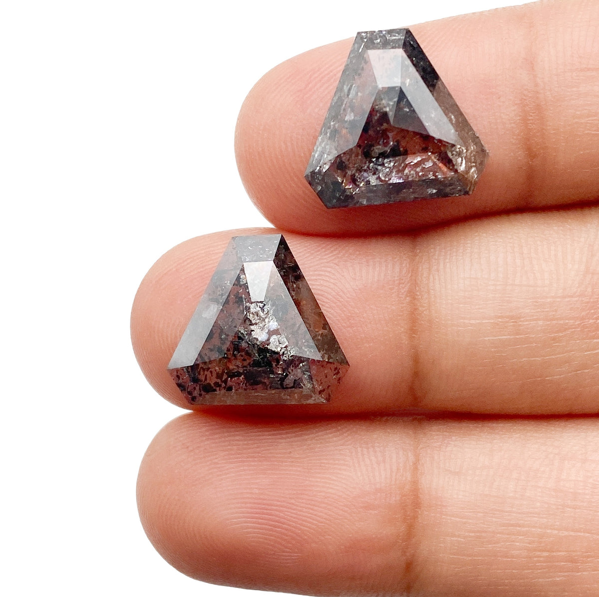 7.77cttw | Salt & Pepper Shield Shape Rose Cut Diamond Matched Pair - Modern Rustic Diamond