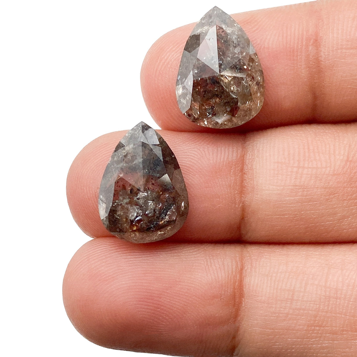 8.25cttw | Salt & Pepper Pear Shape Rose Cut Diamond Matched Pair - Modern Rustic Diamond